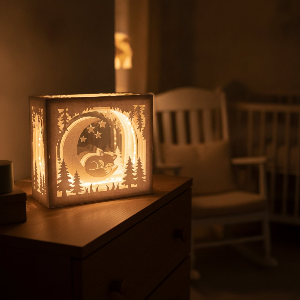 A layered papercut shadow box glowing with soft warm white light in a darkened nursery at night