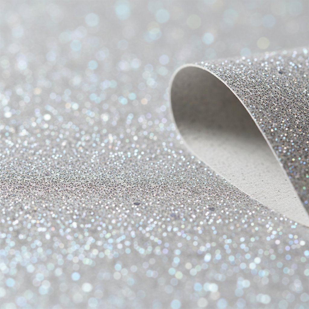 Macro close-up of glitter cardstock surface showing reflective sparkle particles with a lifted corner revealing the paper backing