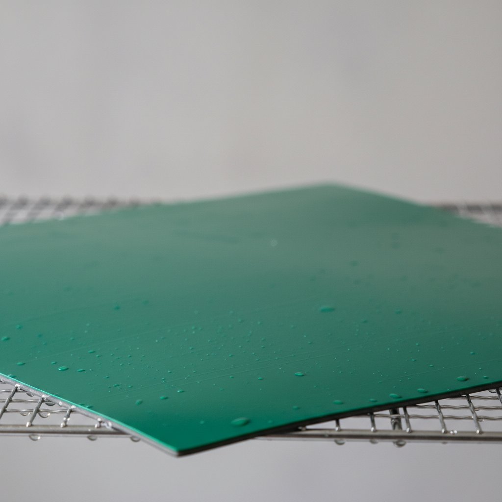 A freshly cleaned and restored green cutting mat air drying adhesive-side up looking glossy and tacky