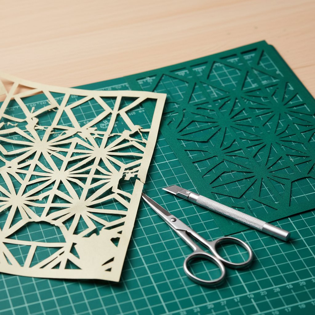 Comparing a torn paper-cut layer beside a freshly re-cut cardstock sheet on a cutting mat