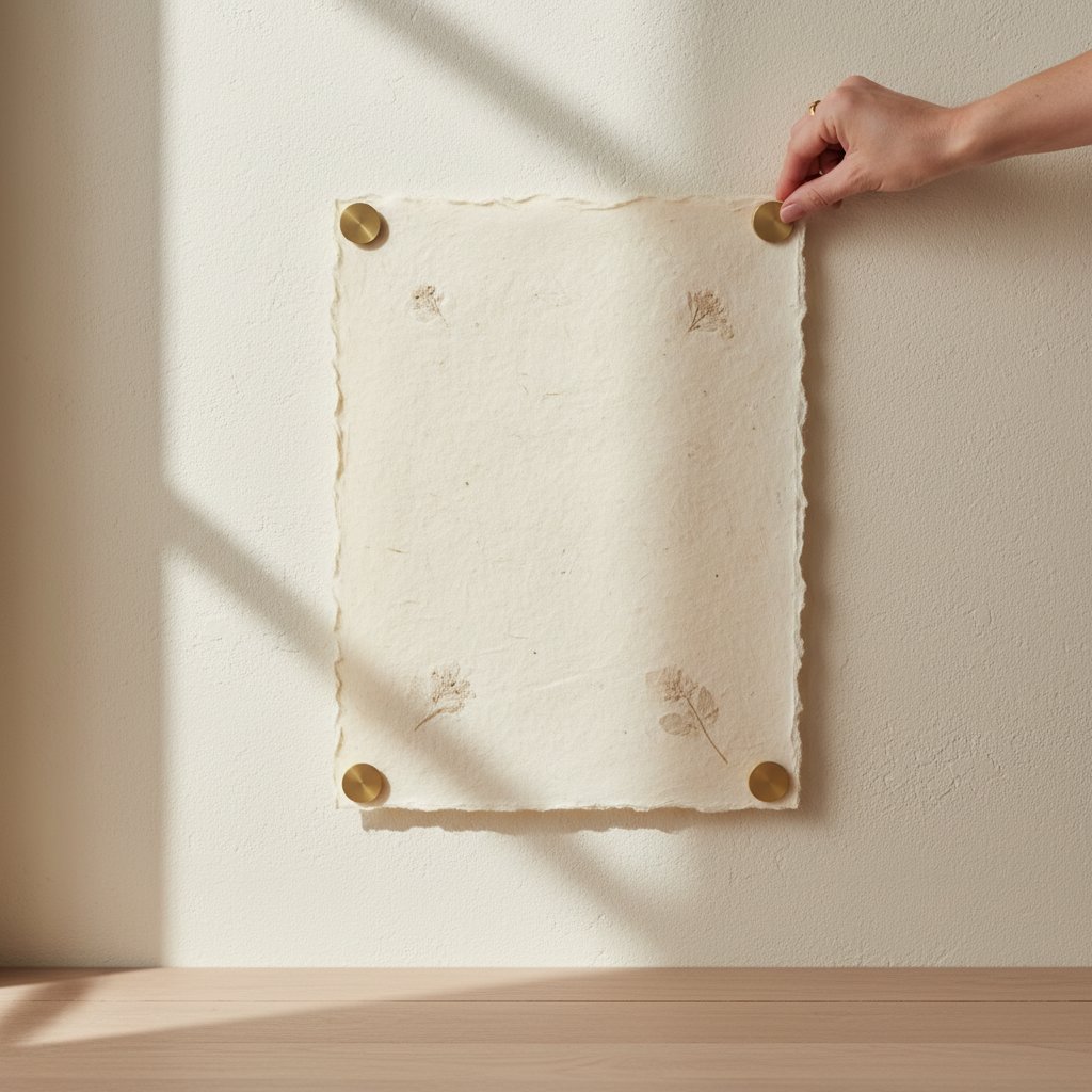 Sheet of paper art mounted directly on a wall held flat at the corners by small adhesive strips