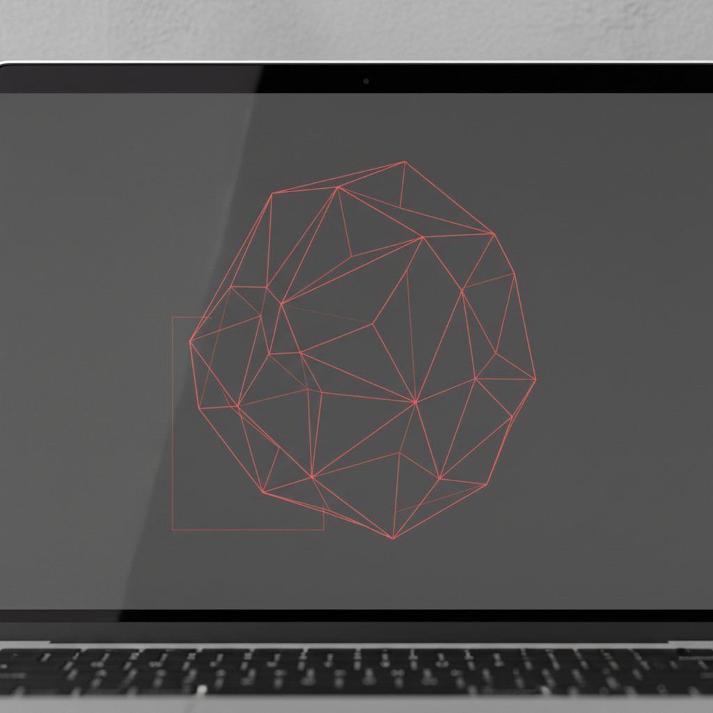 A laptop screen showing an abstract paper-craft shape outlined entirely with thin red cut lines on a dark canvas