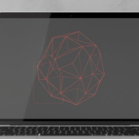 A laptop screen showing an abstract paper-craft shape outlined entirely with thin red cut lines on a dark canvas