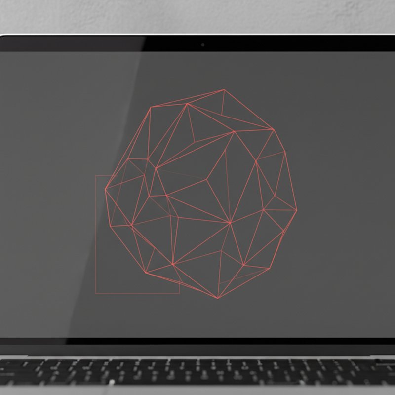 A laptop screen showing an abstract paper-craft shape outlined entirely with thin red cut lines on a dark canvas