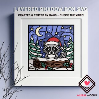 Christmas Shadow Box Raccoon: 3D Stained Glass Gift Card, New Year Layered Papercut Template