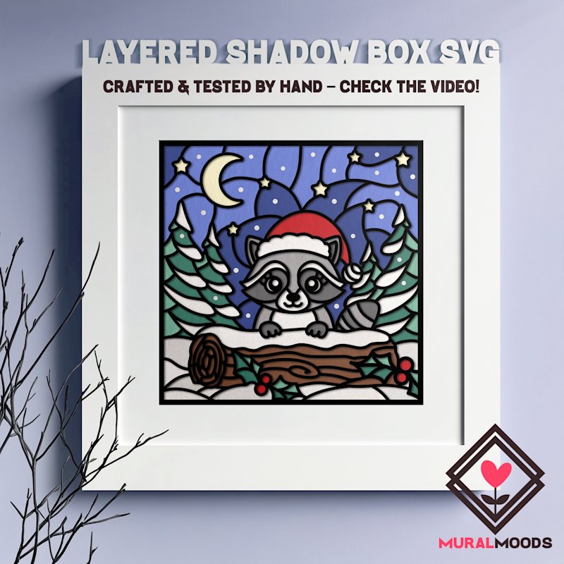 Christmas Shadow Box Raccoon - Image 01