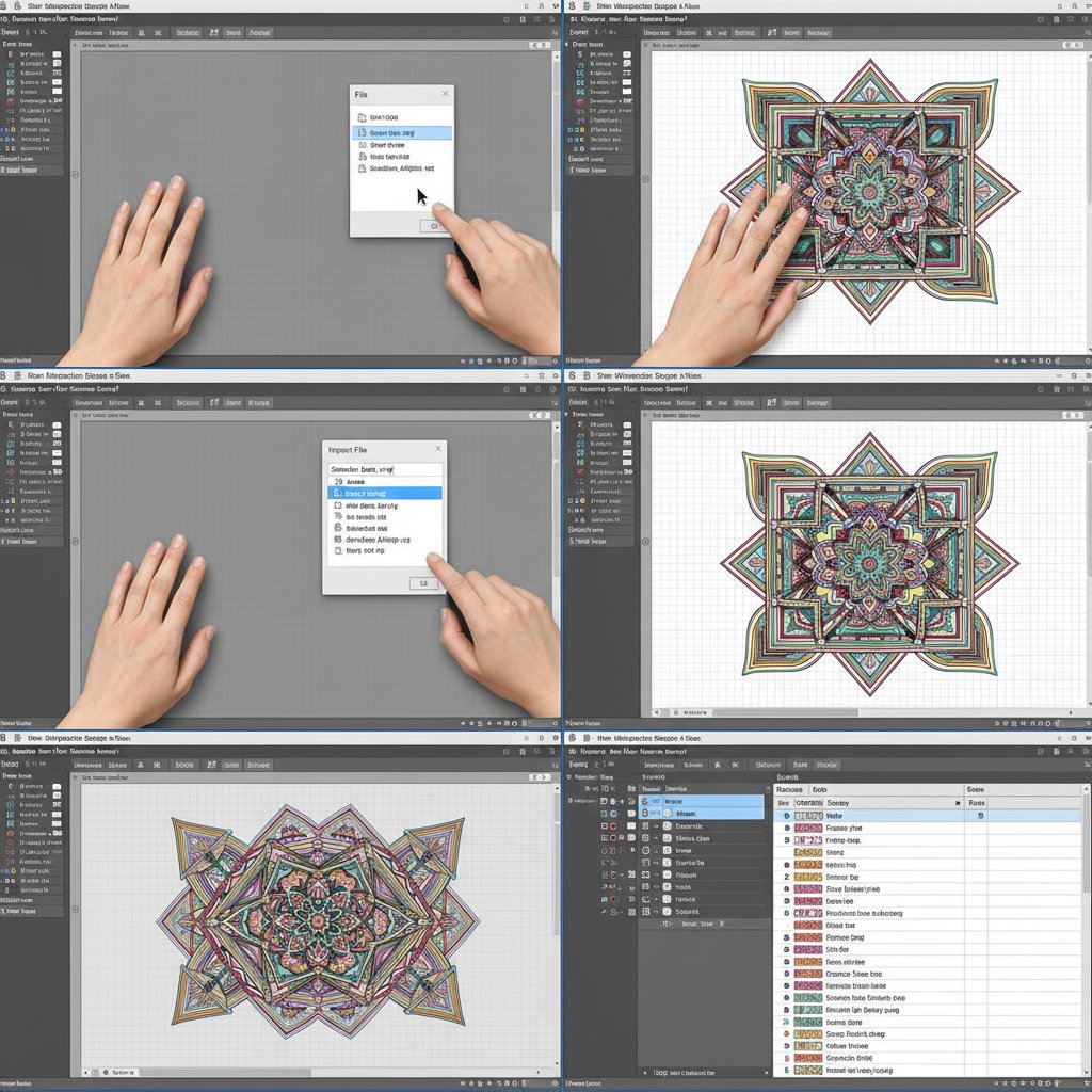 Step-by-step process showing hands importing SVG file into Silhouette Studio with File menu and multi-layer design visible