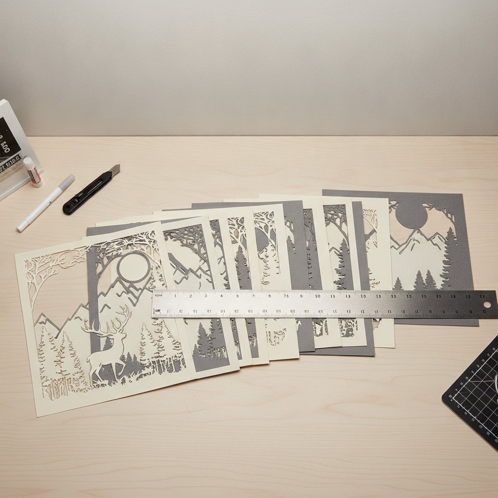 A printed papercut shadow box design with all its layers laid out and a ruler measuring scale on a craft desk