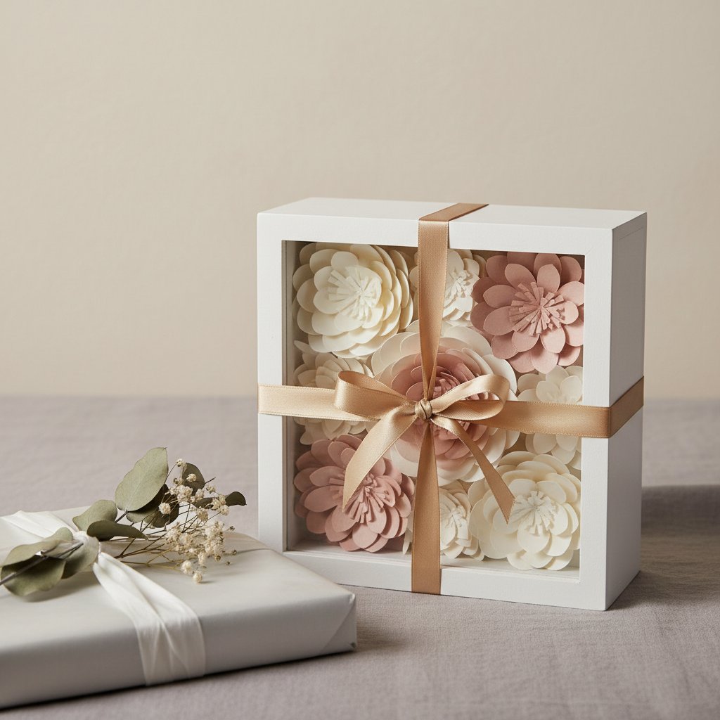 Paper-cut flower shadow box presented as a gift with ribbon and gift wrap — the finished, giftable wedding keepsake