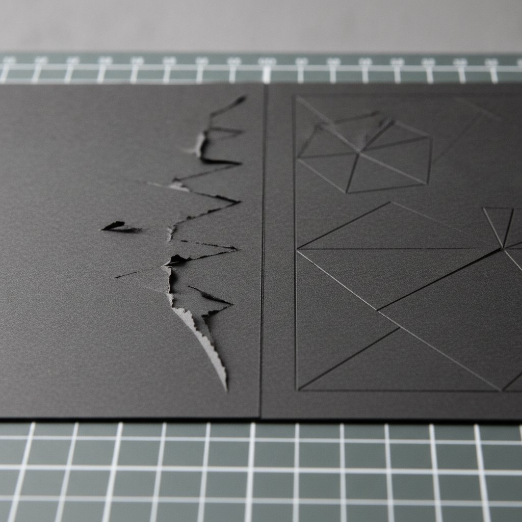 Close-up comparison of torn ragged paper edges versus clean precise cuts on dark cardstock on a cutting mat