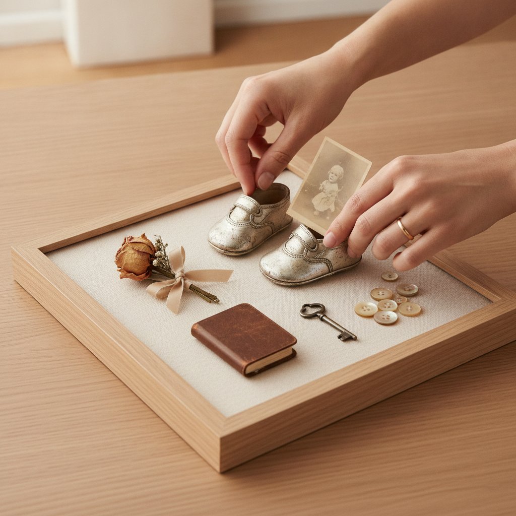 Hands arranging keepsake objects onto the fabric-covered backing board of an open deep shadow box frame on a table