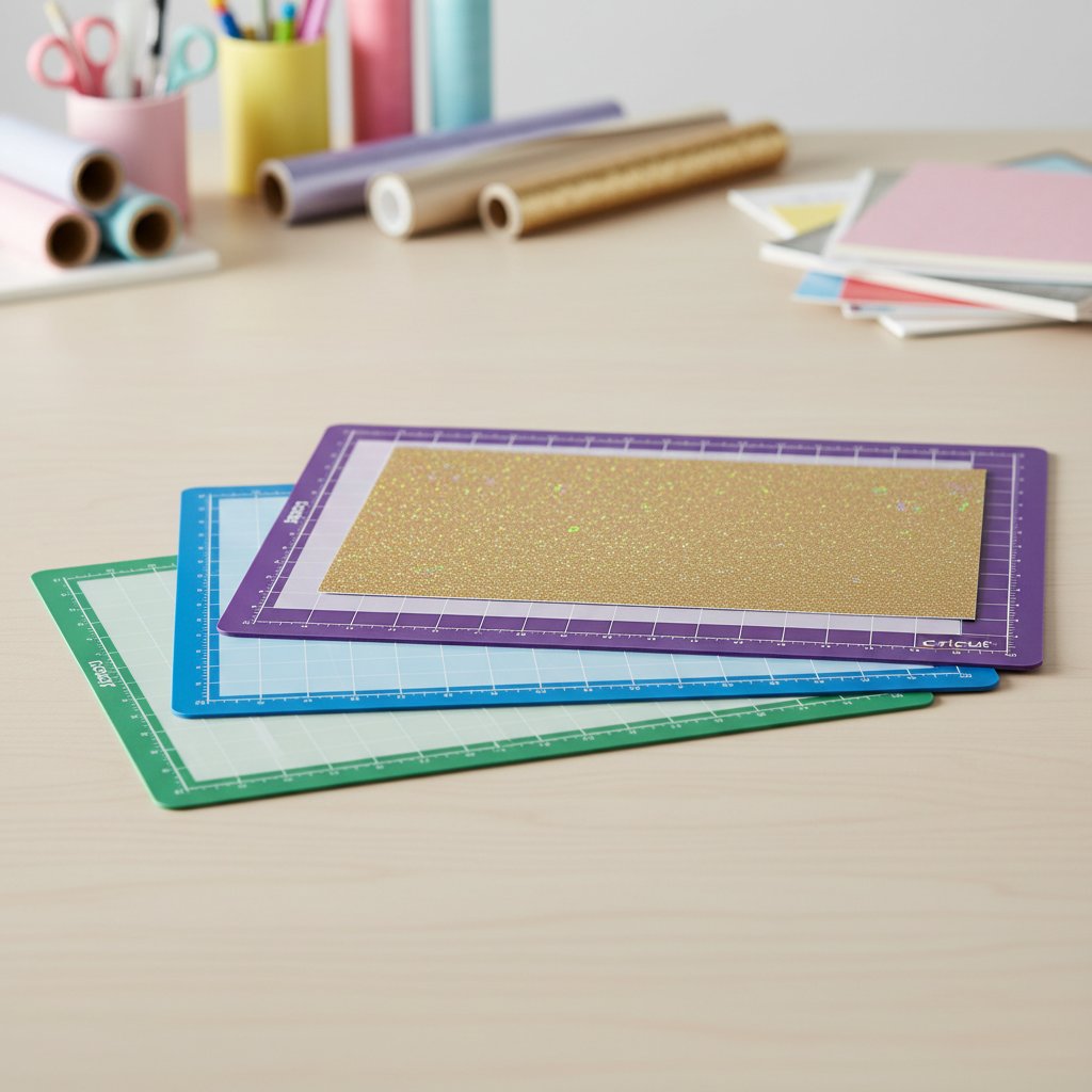 Three Cricut cutting mats in purple blue and green grip strengths fanned on a craft table