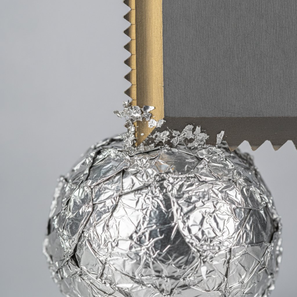 A cutting machine blade tip plunged into a ball of crumpled aluminum foil to clean off metallic coating debris