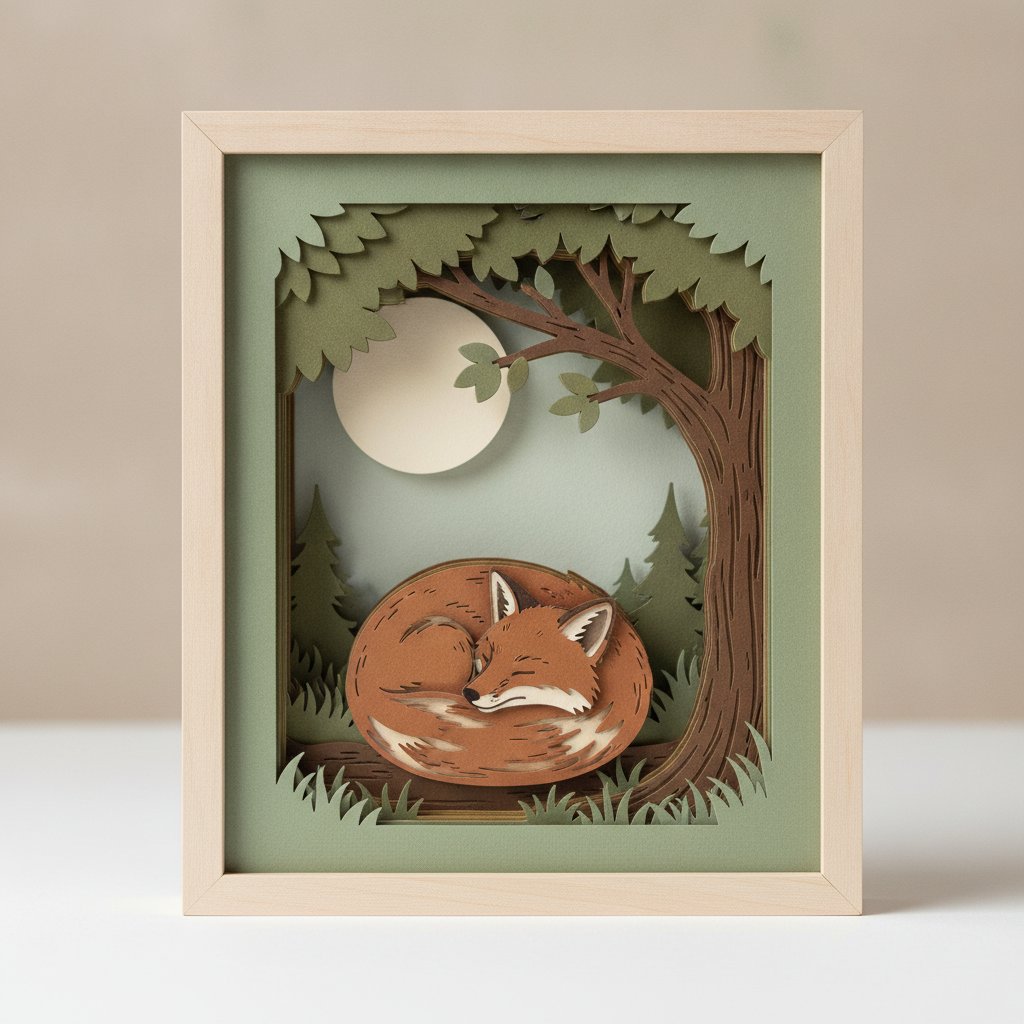 A layered papercut shadow box of a woodland fox curled under a tree with moonlight filtering through branches