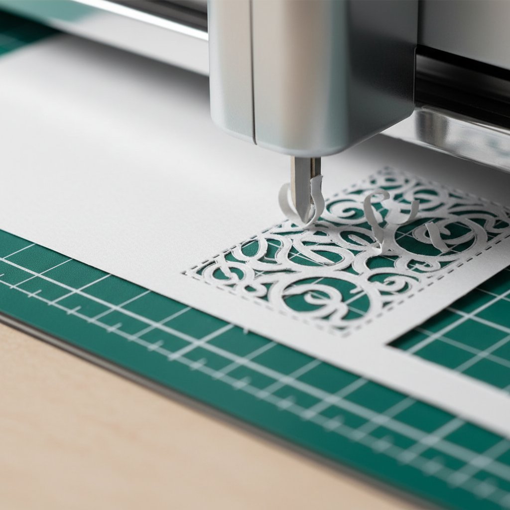 Close-up of a Cricut blade cutting an intricate filigree pattern into cardstock on a cutting mat