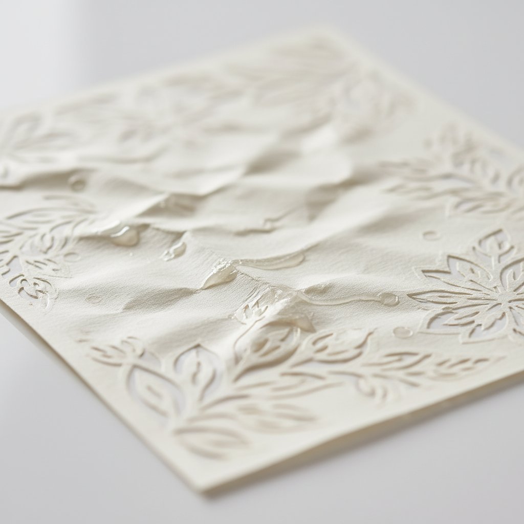Cardstock paper-cut layer warped and buckled into ripples from too much wet glue