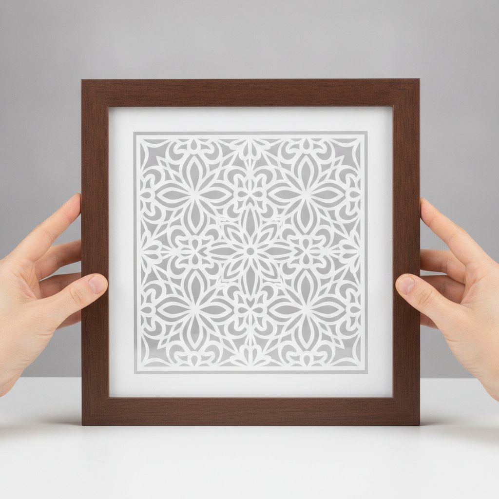 Hands placing a freshly cut paper test layer inside an empty shadow box frame to check the fit and border spacing