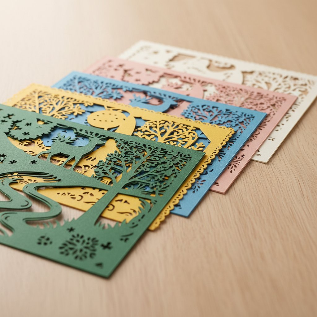 Multiple intricate cut cardstock shadow box layers laid out in sequence before assembly