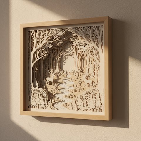 Papercut art float-mounted in a deep glassless shadow box frame on a wall
