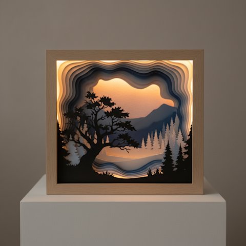 Layered paper cut shadow box nature scene with tree silhouettes showing dramatic depth through multiple layers
