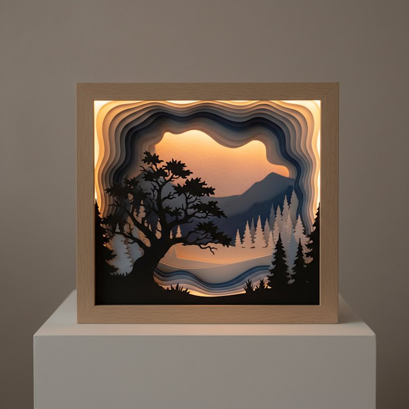 Layered paper cut shadow box nature scene with tree silhouettes showing dramatic depth through multiple layers
