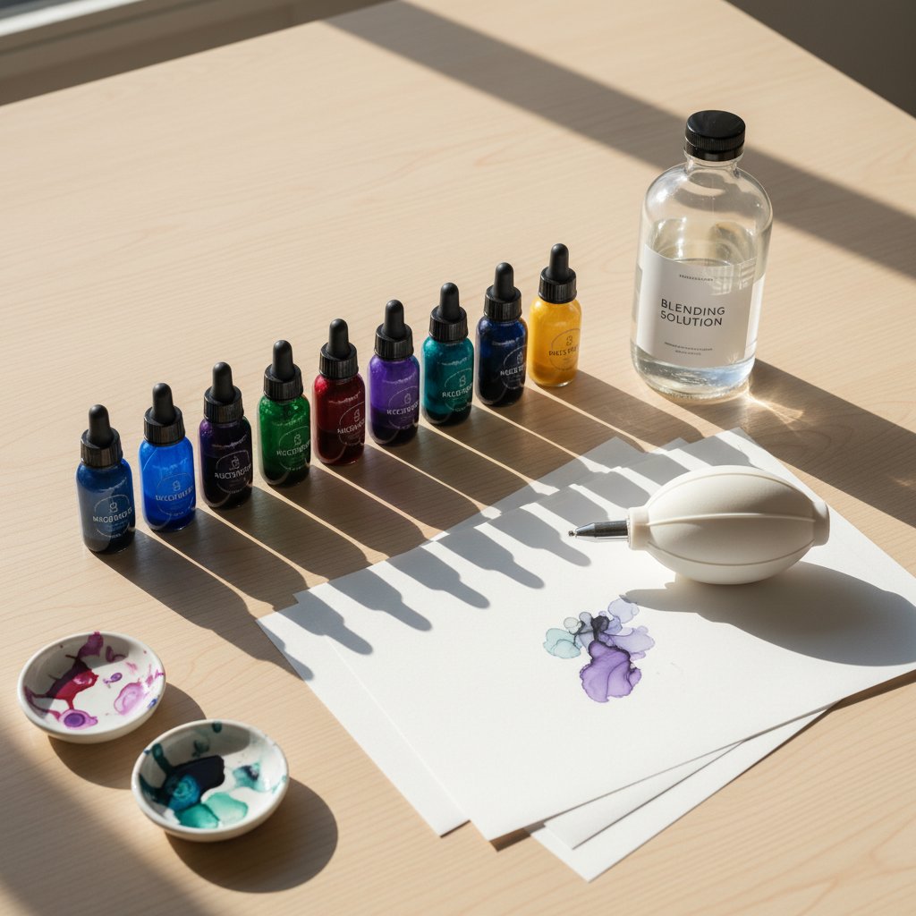 Alcohol ink art supplies including inks, blending solution and Yupo paper