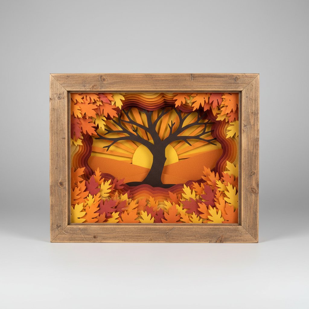 A finished layered paper shadow box of an autumn scene with fall leaves and a tree glowing warmly from LED backlighting