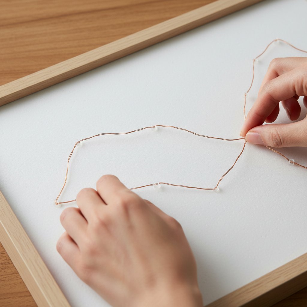Hands weaving a thin copper-wire fairy light string across a shadow box frame backing board with clear mounting dots