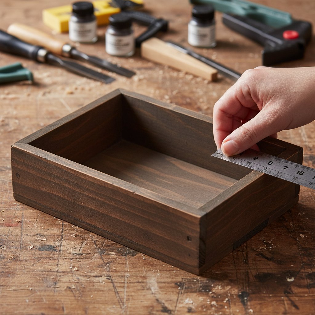 A hand measuring the interior depth of a deep wooden shadow box frame with a small ruler on a workbench