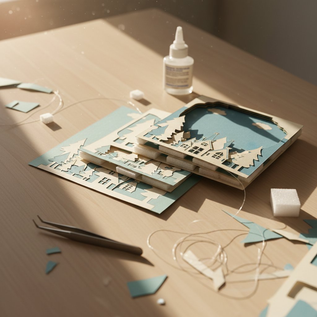 Overhead view of shadow box assembly showing misaligned paper layers and visible foam spacers