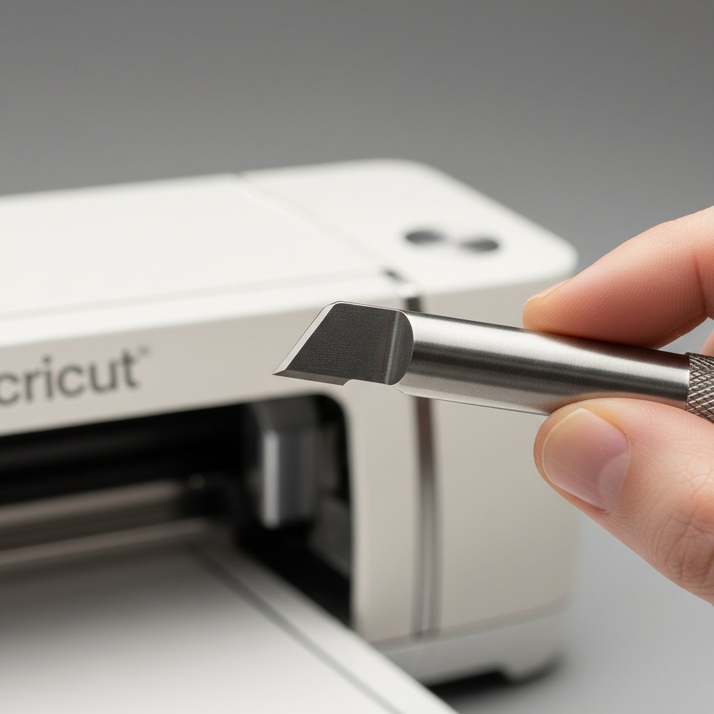 Heavy-duty Cricut knife blade tool held beside a Cricut cutting machine