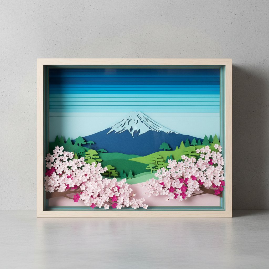 Advanced layered paper-cut cherry blossom landscape shadow box with Mount Fuji silhouette