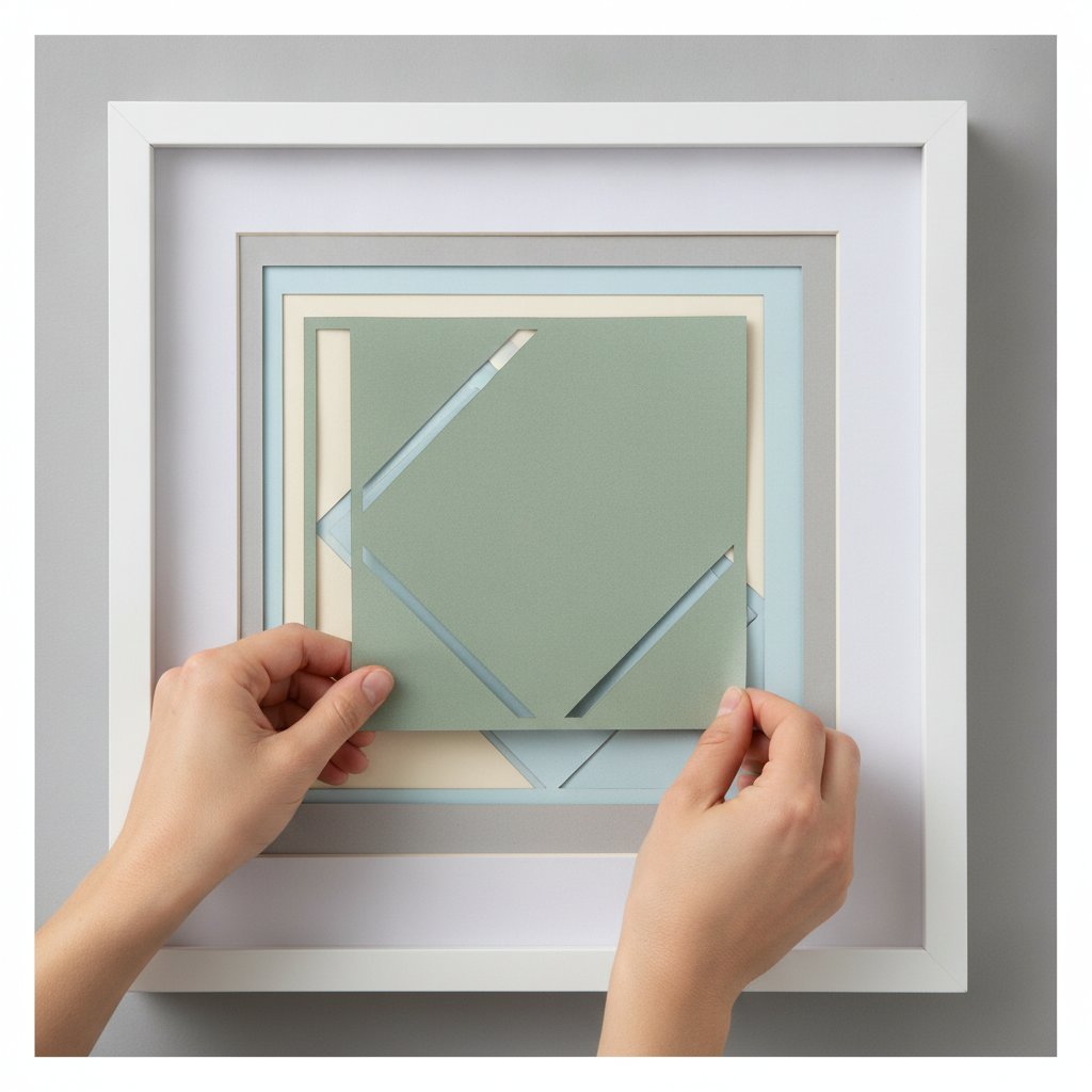 Hands aligning and stacking a cut cardstock papercut layer corner to corner onto the layers below