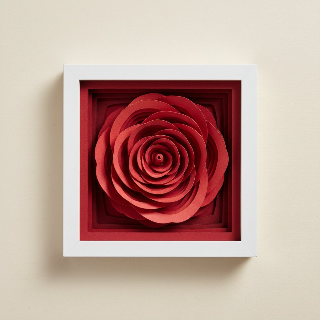 Single layered paper-cut red rose silhouette shadow box in a square frame