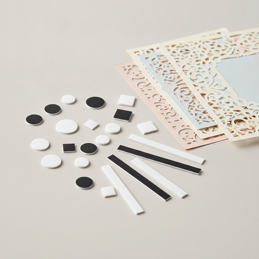 Assorted adhesive foam spacers — dots, squares and strips — beside freshly cut cardstock papercut layers