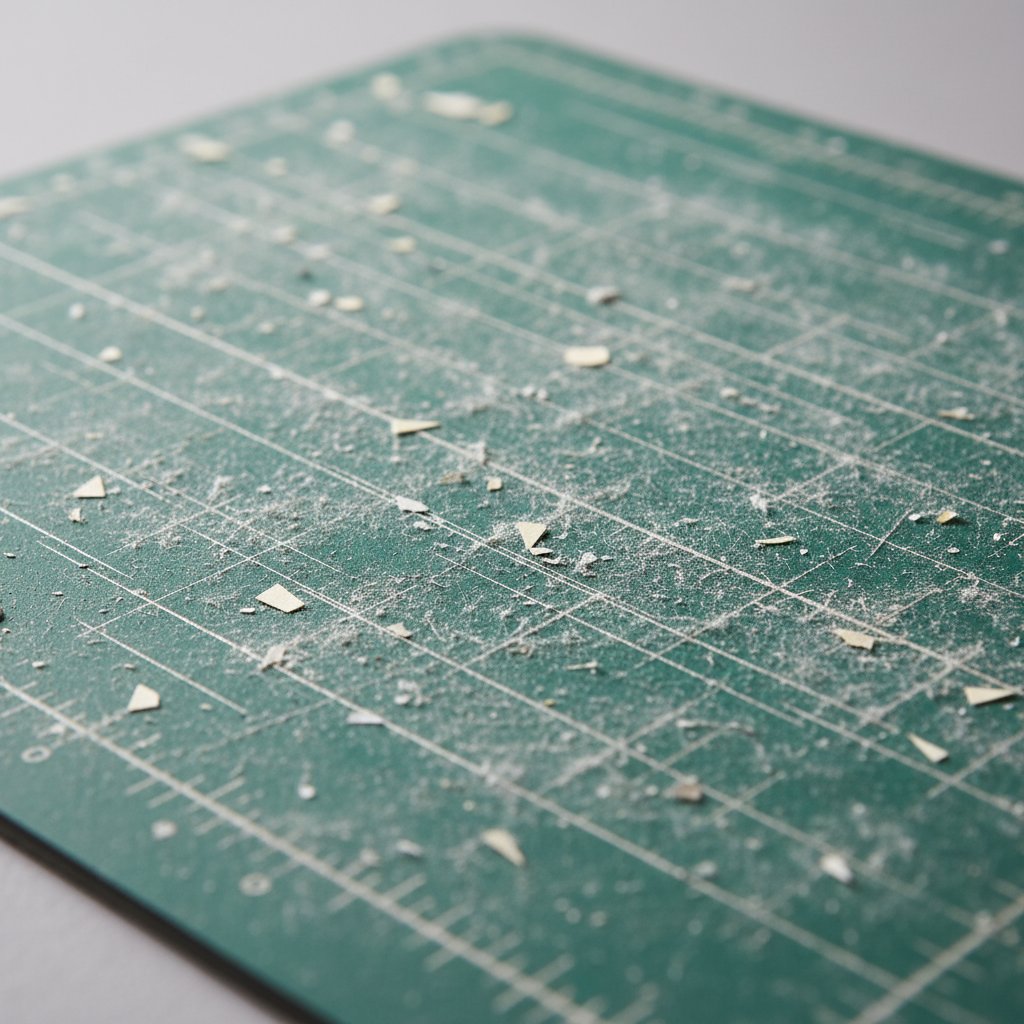 Close-up of a worn cutting mat surface covered with paper fibers lint and cardstock scraps