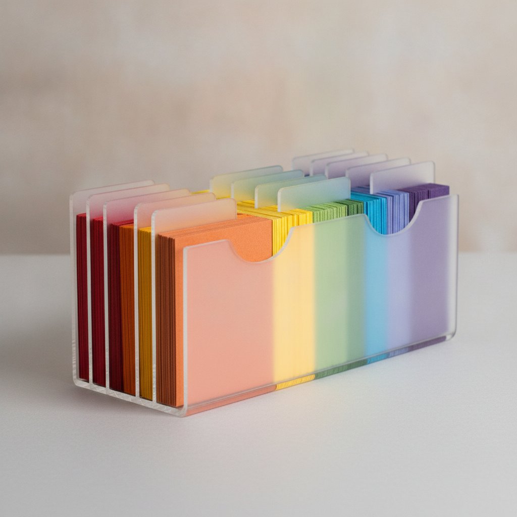 Sheets of cardstock organized in rainbow color order standing vertically in a filing rack with neat dividers
