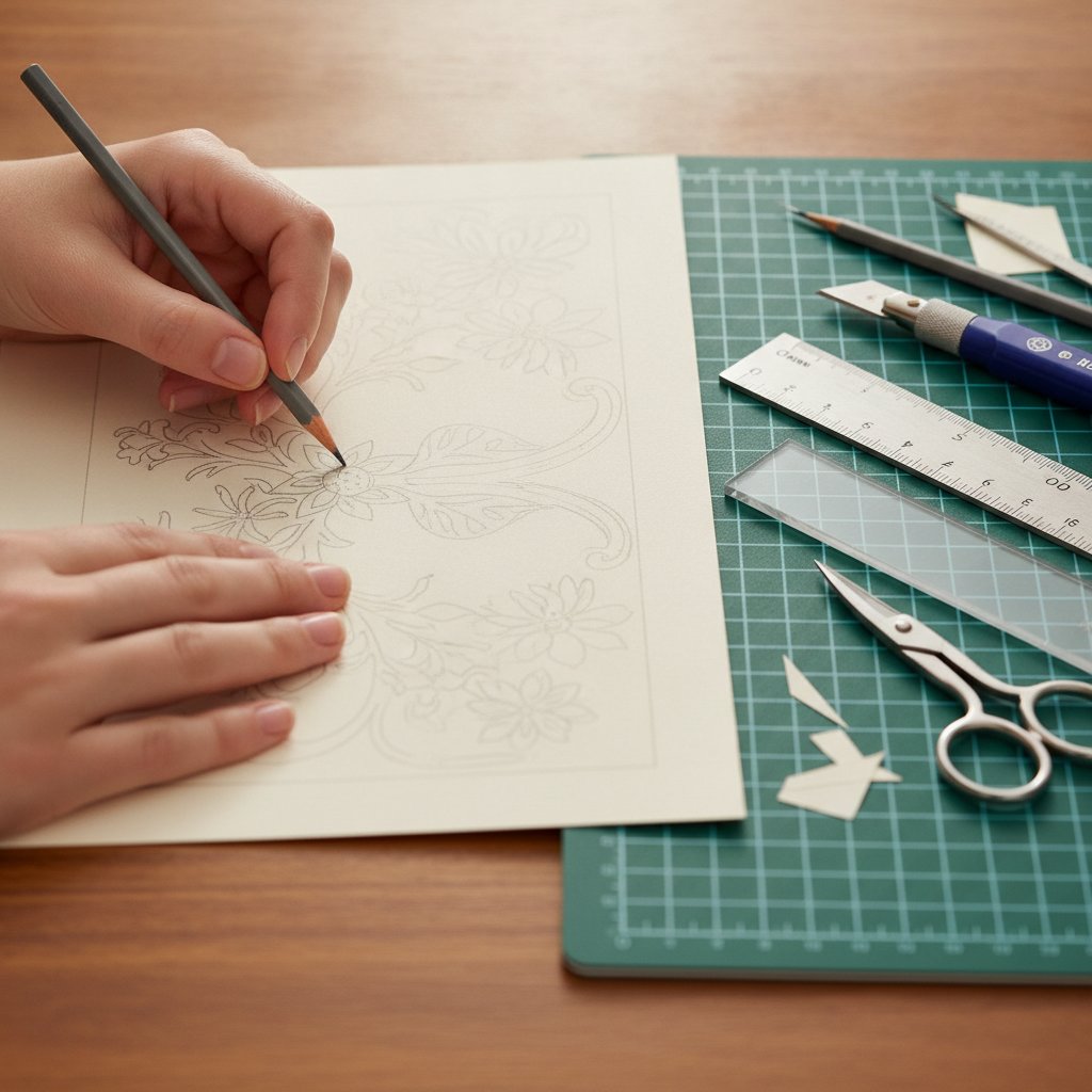 A crafter pencil-sketching a papercut design layout on paper beside a cutting mat, ruler, knife, and scissors