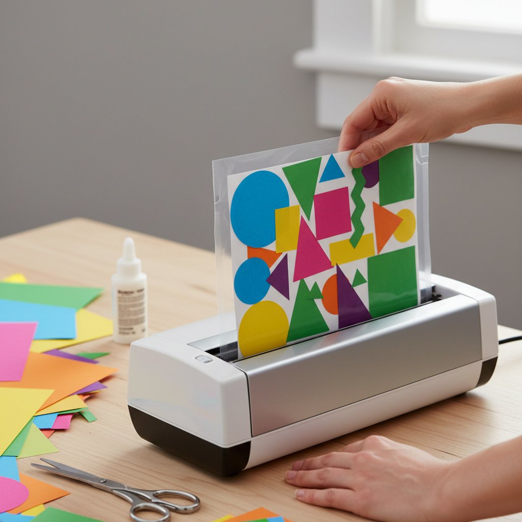 A colorful paper artwork in a clear laminating pouch being fed into a desktop laminating machine on a craft table