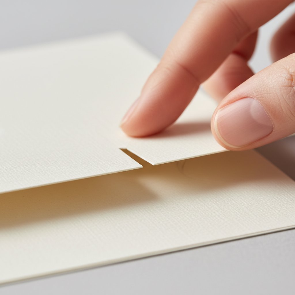 Two paper-cut cardstock layers being precisely aligned edge to edge by fingertips before pressing together