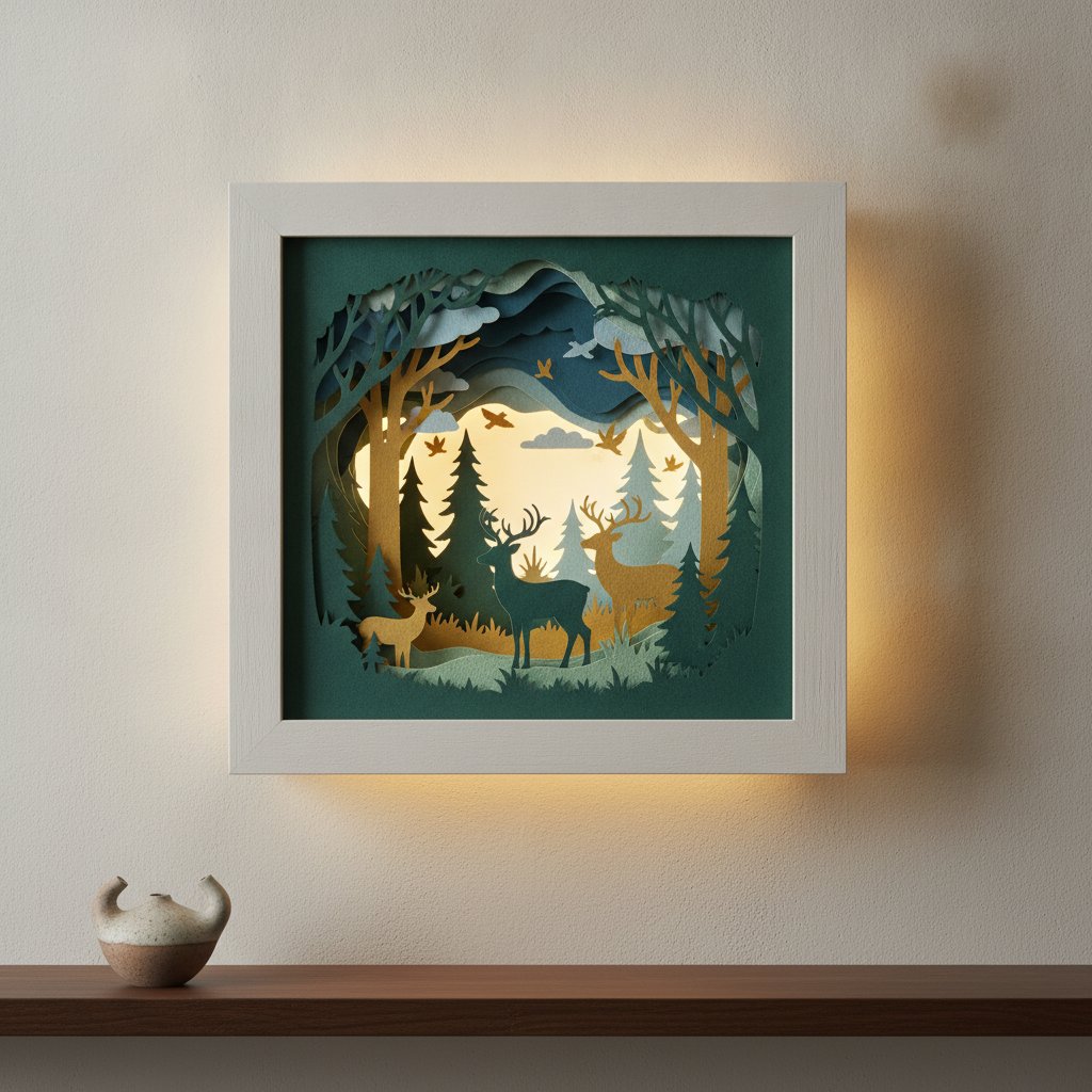 A finished gift-quality layered papercut shadow box displayed on a wall with soft backlighting highlighting the depth