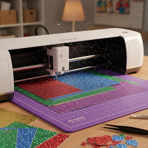 Glitter cardstock being cut on Cricut with visible sparkle