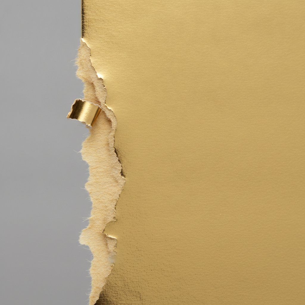 Extreme close-up of metallic gold cardstock with a ragged torn edge where the foil coating tore during cutting