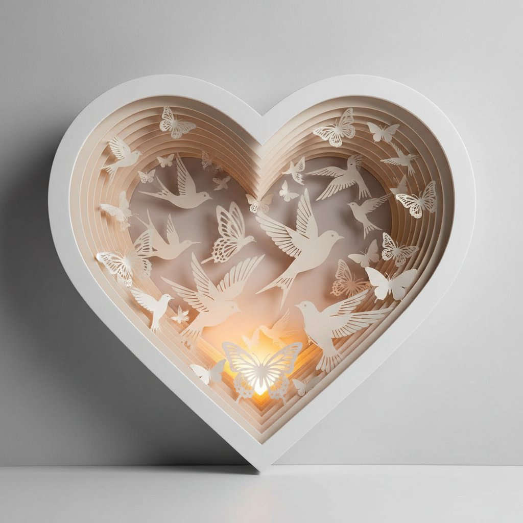 Heart-shaped paper-cut shadow box filled with layered silhouettes of birds and butterflies