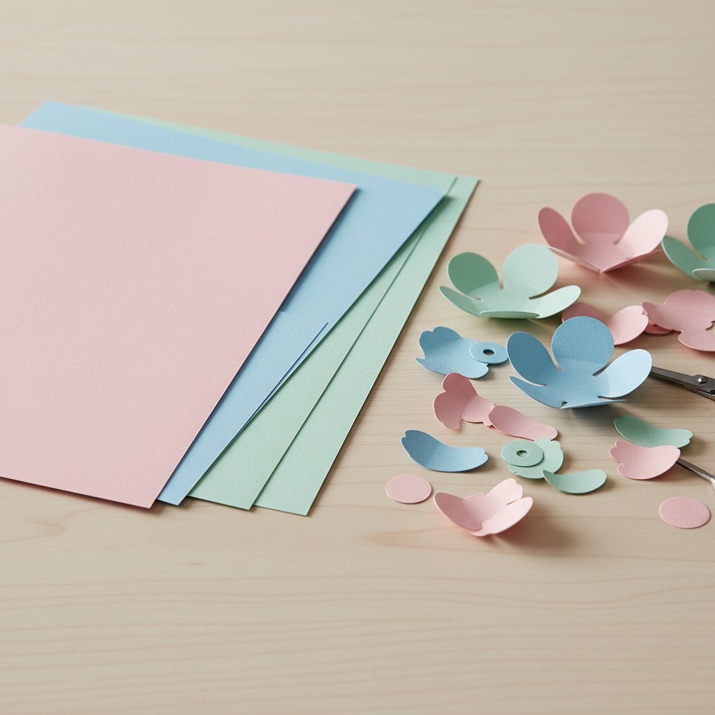 Fanned stack of colored cardstock sheets beside cut paper flower petals ready for layering