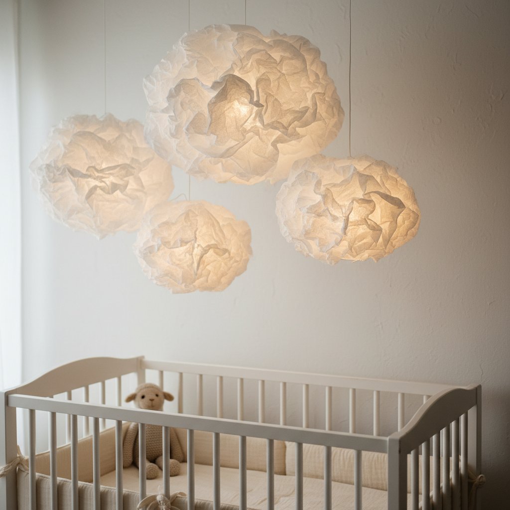 Soft round white paper cloud lanterns hanging above a nursery crib with a warm glow