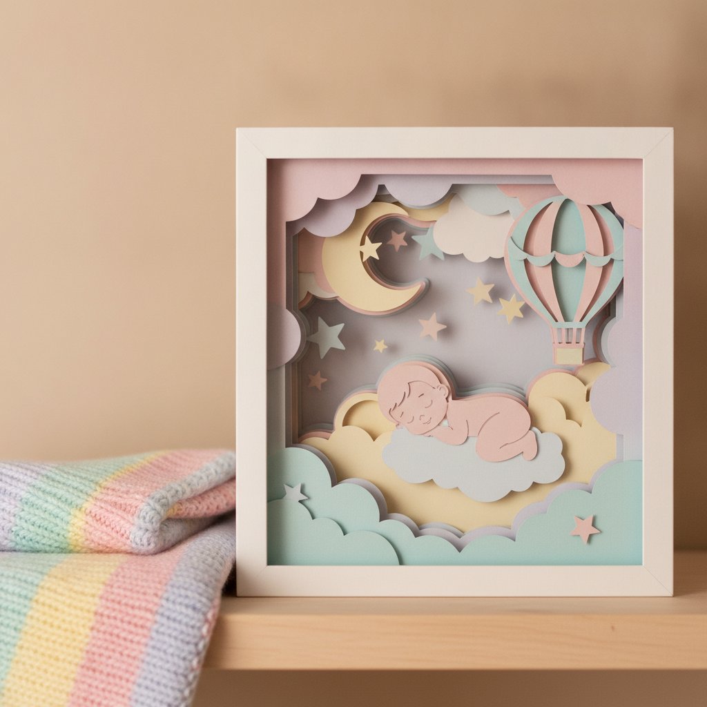 Finished paper shadow box art displayed in a frame with soft lighting showing layered depth