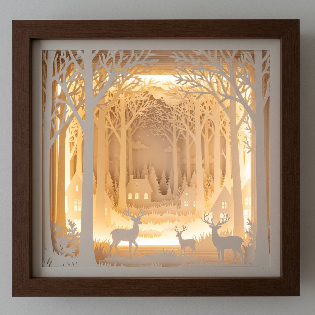 Illuminated paper cut shadow box showing multiple layers of precisely cut cardstock with foam spacers and LED backlighting creating glowing dimensional effect