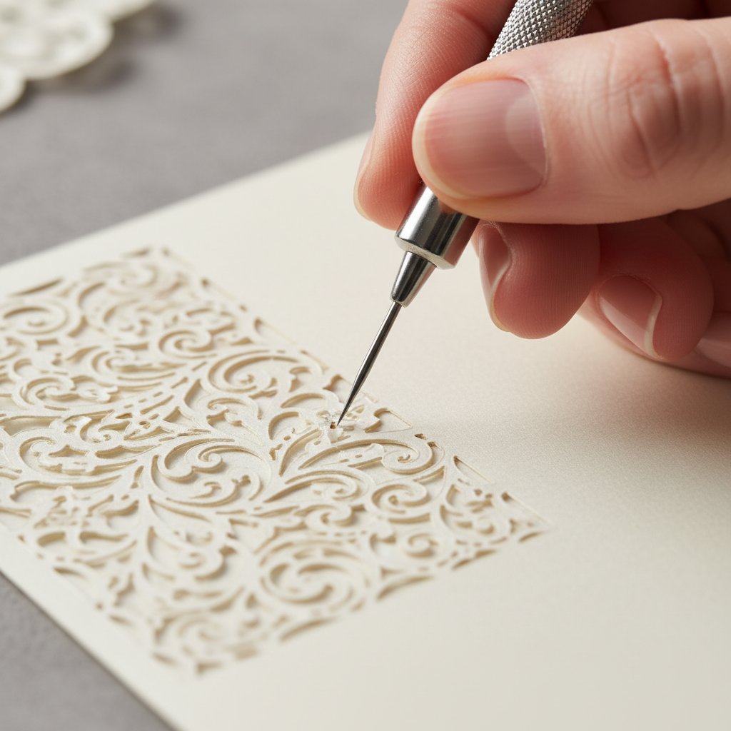 Close-up of a hand using a fine weeding tool to poke tiny details out of a delicate intricate cardstock cutout