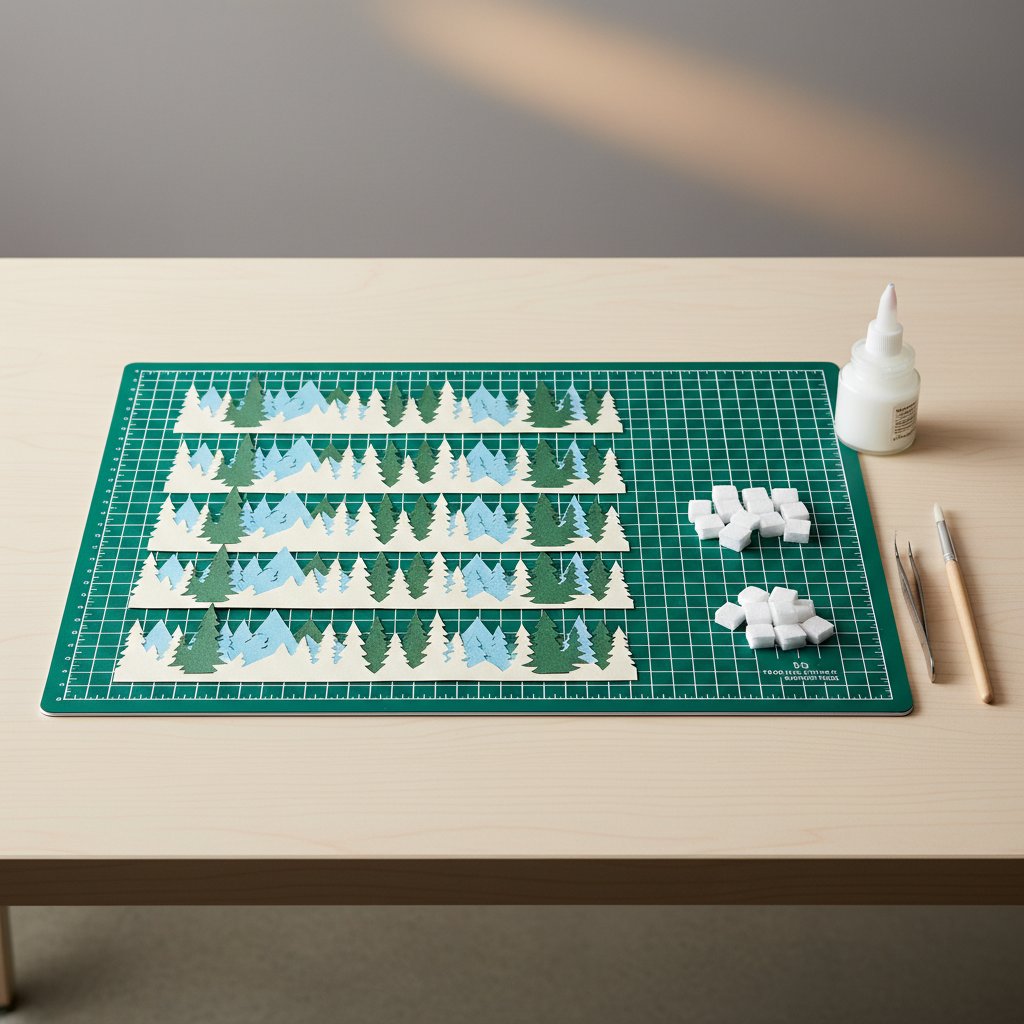 Tidy organized craft assembly workspace with cutting mat, paper-cut layers, foam spacers, glue and tools